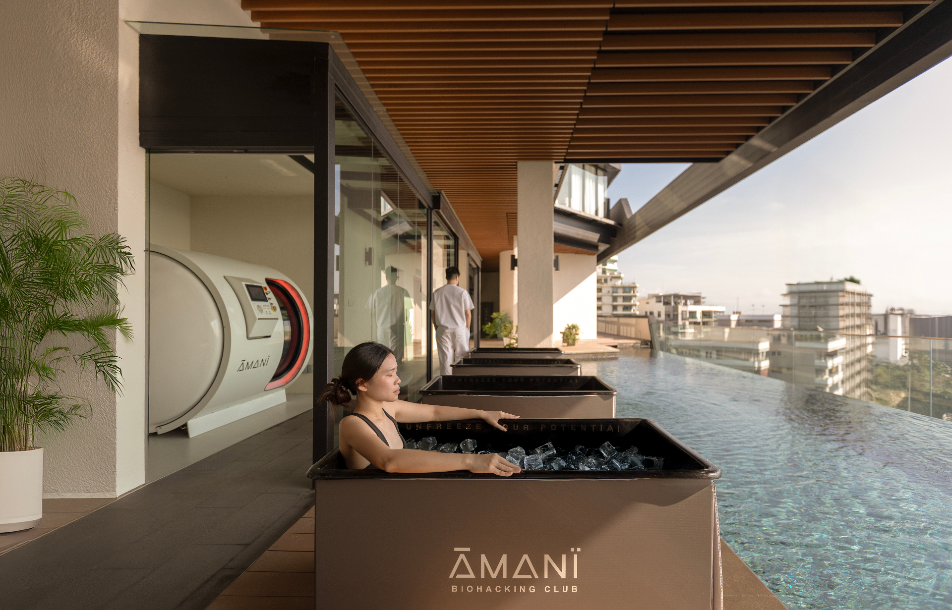 Rooftop ice bath with infinity pool